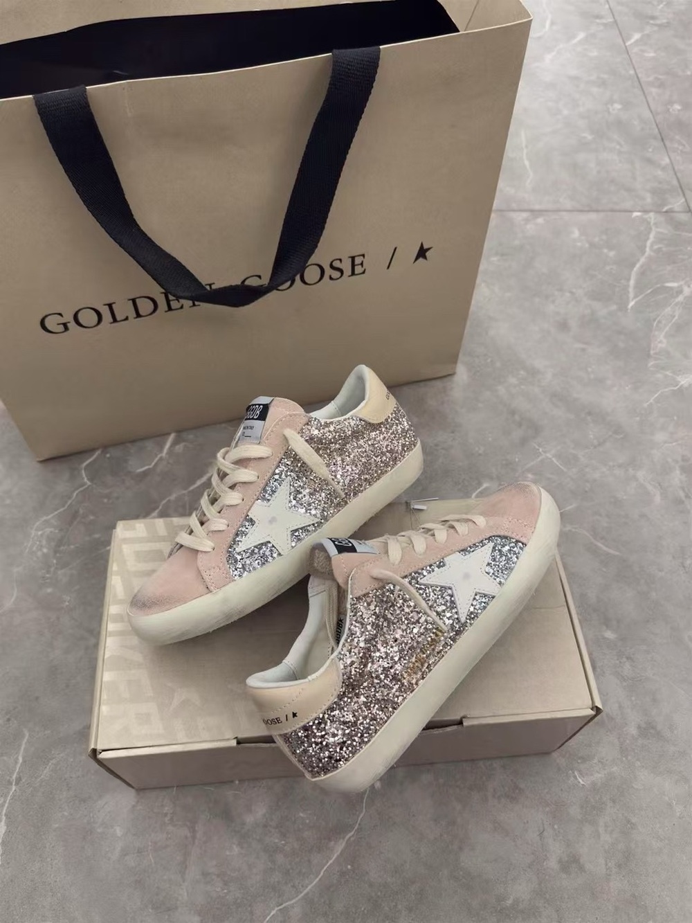 Golden Goose Blush Pink Suede Sneakers with Silver Glitter Star - Picture 3 of 10